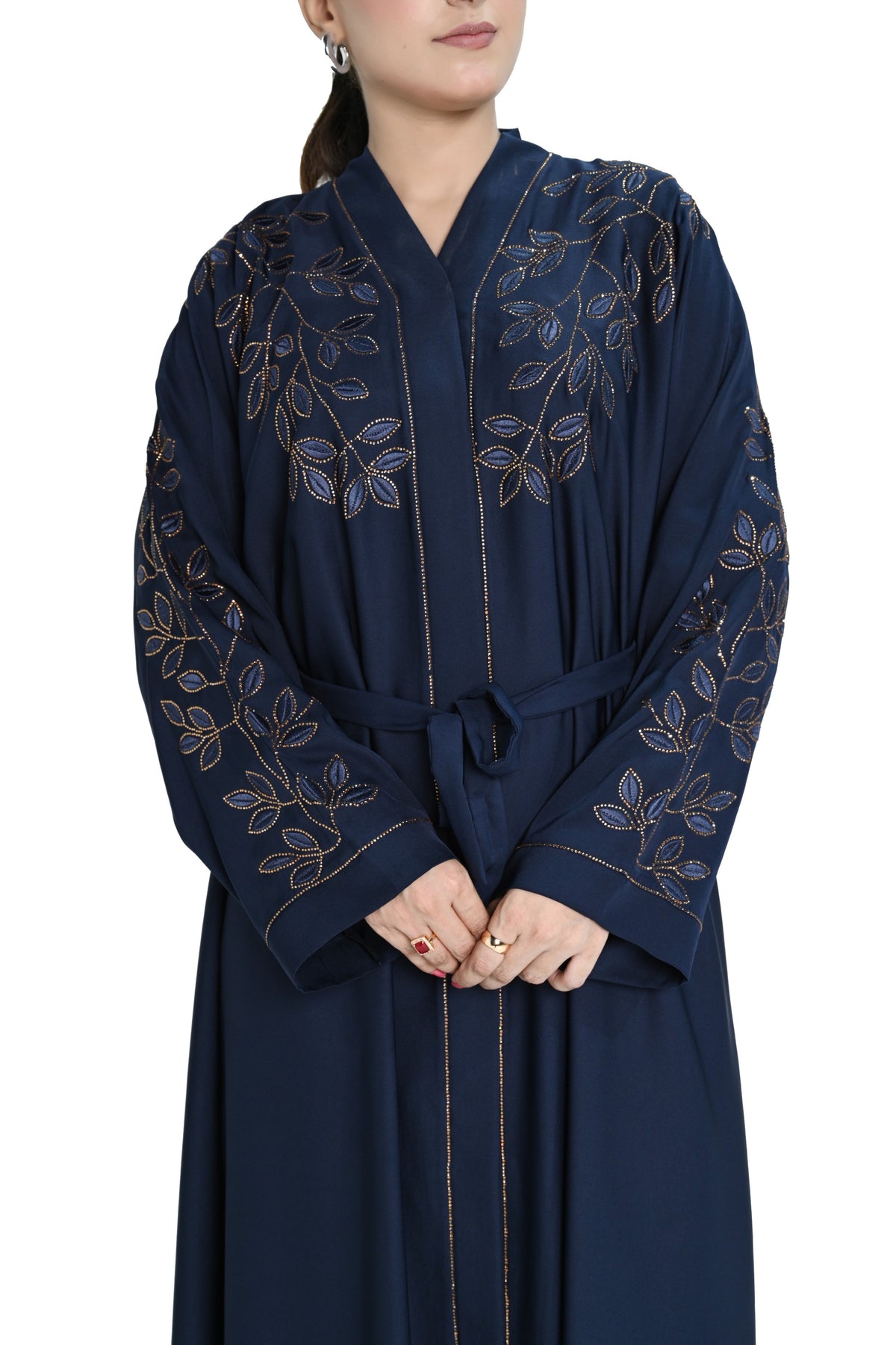 Navy Blue Embroidered Abaya with Waist Belt – Elegant Modest Fashion