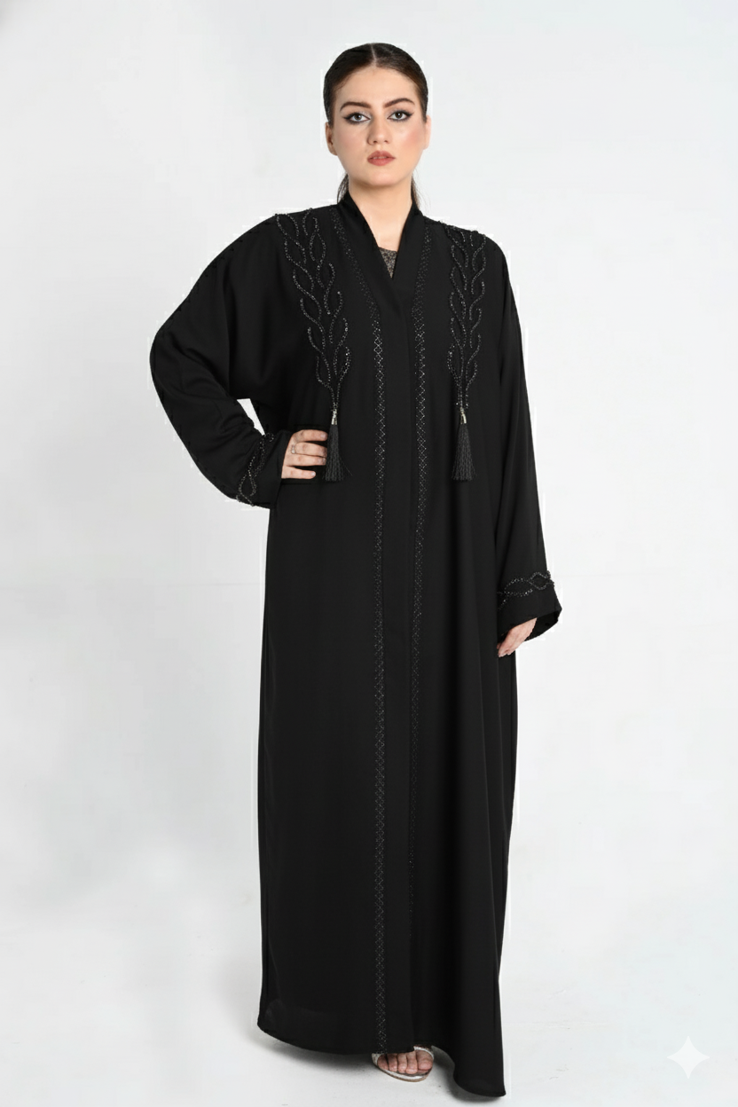 Embroidered Abaya Multiple colors with Beaded Detailing & Tassel Accents