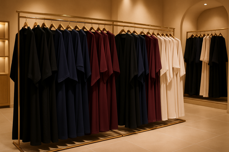 Abaya Dresses Hanged on row on Hangers in an Abaya Shop